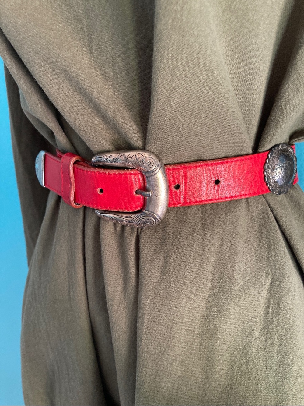 Patricia Green Details Vintage Belt Sz S Red Leather Western Conchos Made in USA